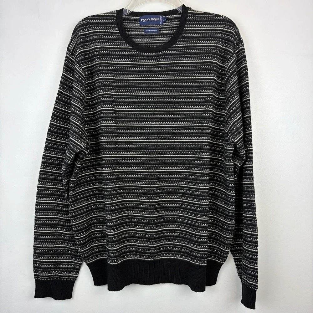 Polo Golf Ralph Lauren Sweater Men XL 100% Merino Wool Black Stripe Print Preppy